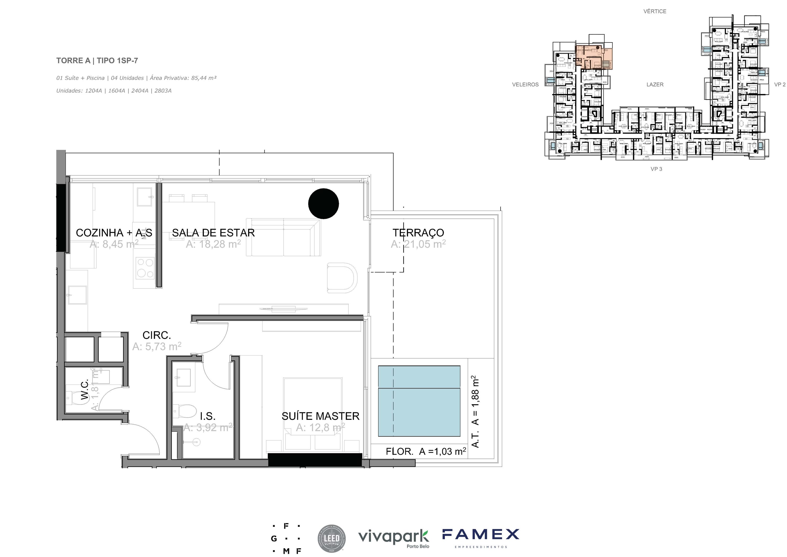 Torre A · Tipo 1SP-7 · 01 Suíte + Piscina · 85,44 m²