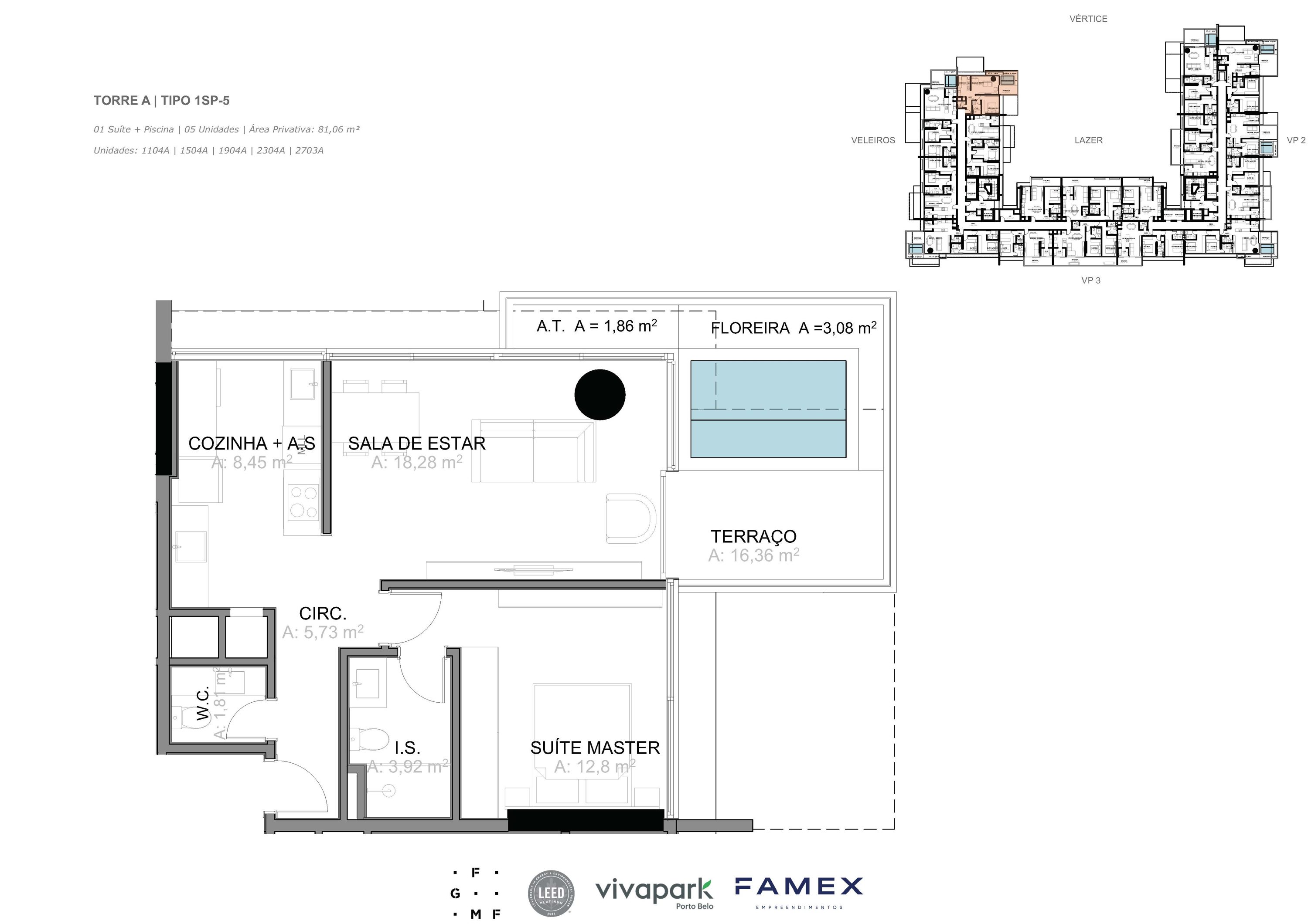 Torre A · Tipo 1SP-5 · 01 Suíte + Piscina · 81,06 m²