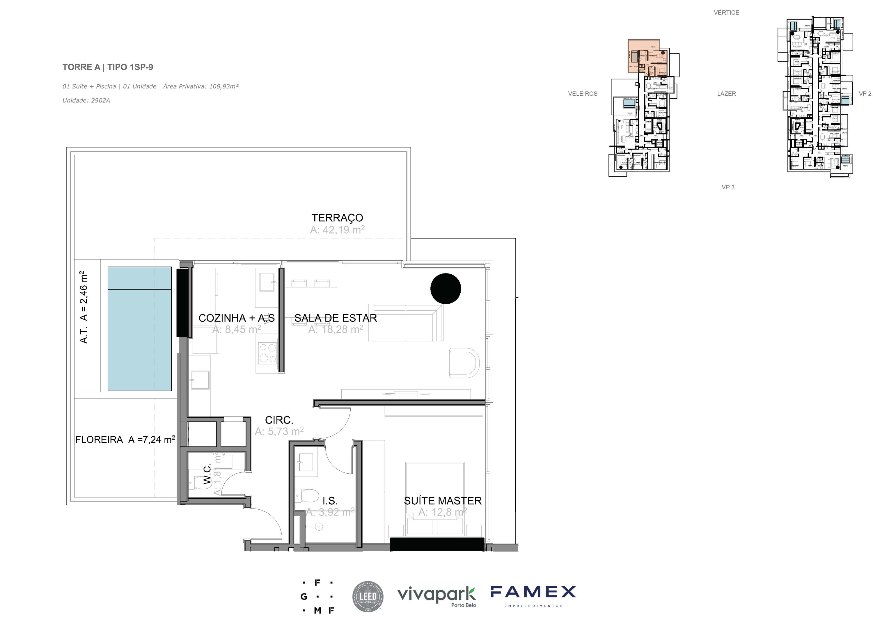 Torre A · Tipo 1SP-9 · 01 Suíte + Piscina · 109,93 m²