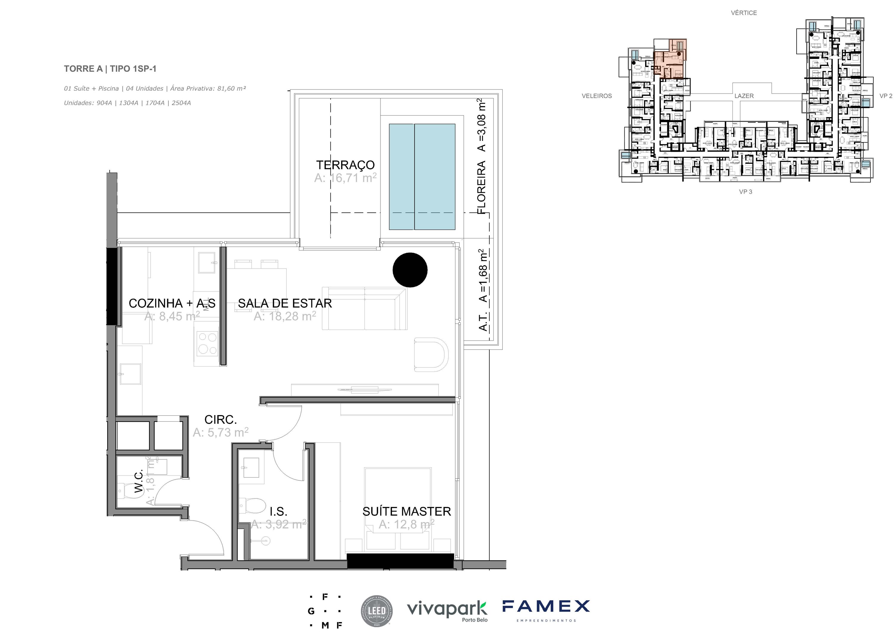 Torre A · Tipo 1SP-1 · 01 Suíte + Piscina · 81,60 m²