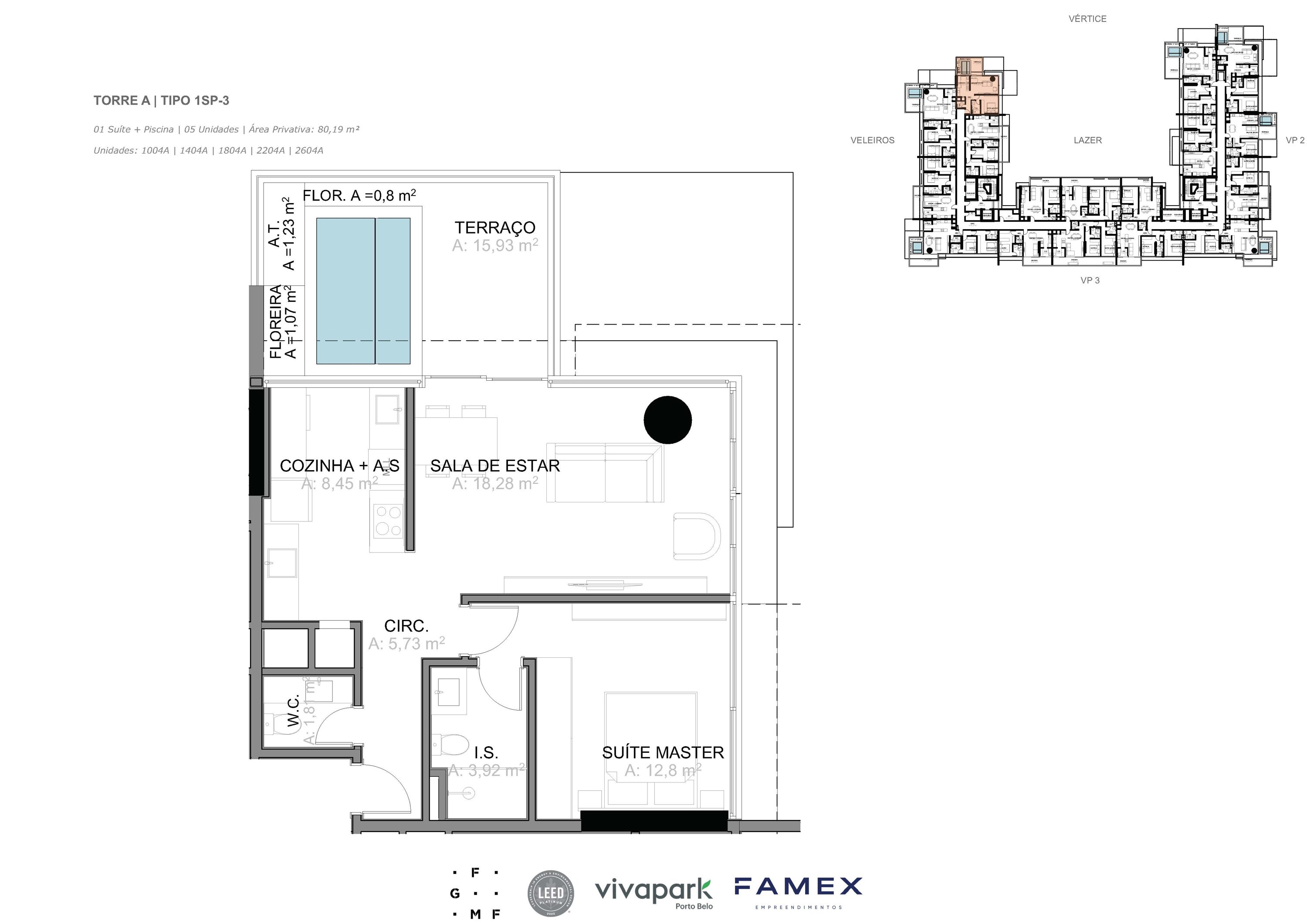 Torre A · Tipo 1SP-3 · 01 Suíte + Piscina · 80,19 m²